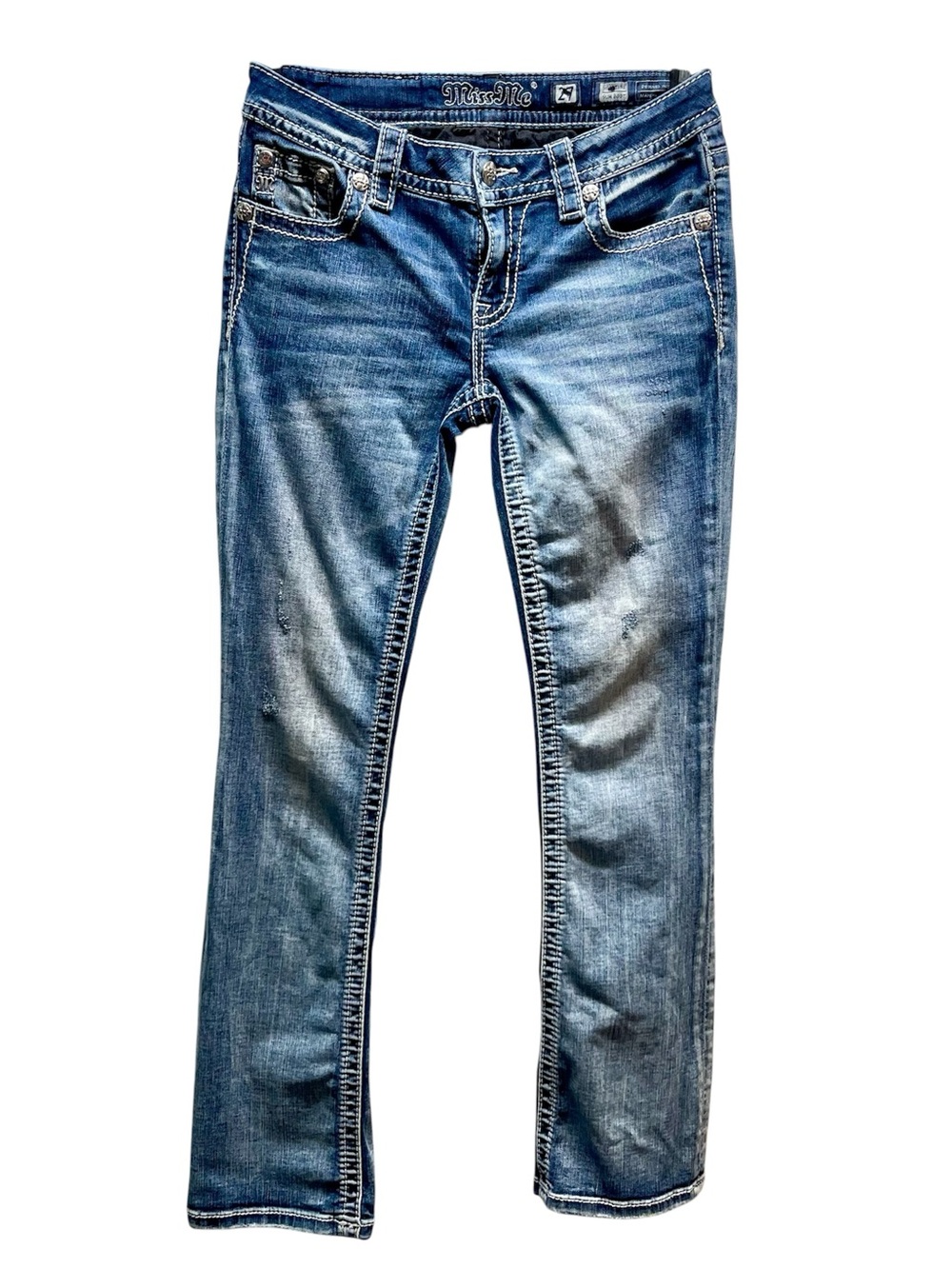 Miss Me Signature Skinny Slim Boot Jeans Size 27 Distressed Medium Wash
